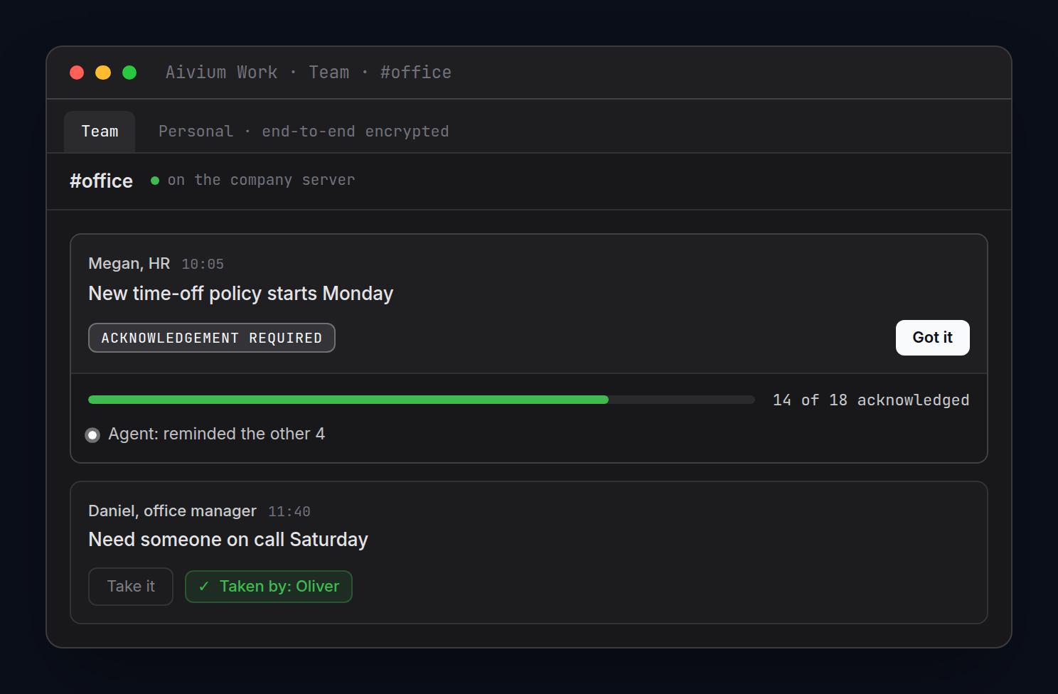 See who's on it, what's done and what's signed off. Illustrative interface, sample data.